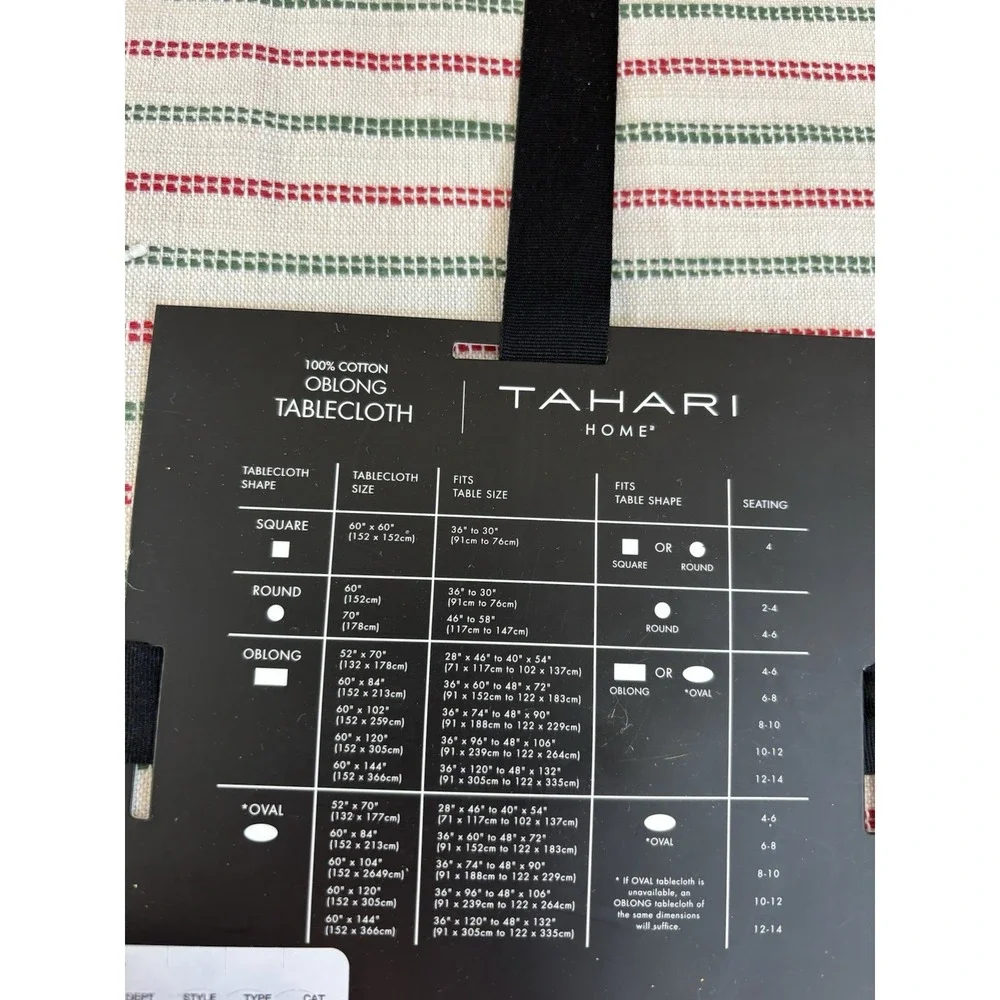 Tahari 100% Cotton Oblong Tablecloth NEW beige Green Red Striped 60